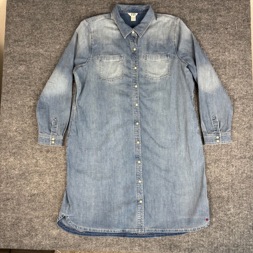 EV1 Denim Shirt Dress Womens XXL Pearl Snap Western Coastal Cowgirl Long Sleeve